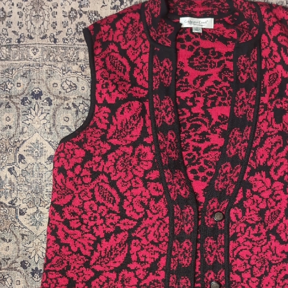 100% Wool Button Down Vest By Coldwater Creek Red and Black Floral Vest